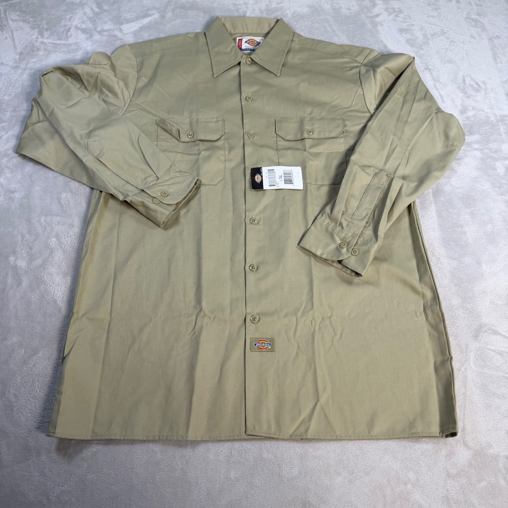 Dickies Work Shirt Long Sleeve Tall Men L Khaki Poly Cotton 574KH Button Down